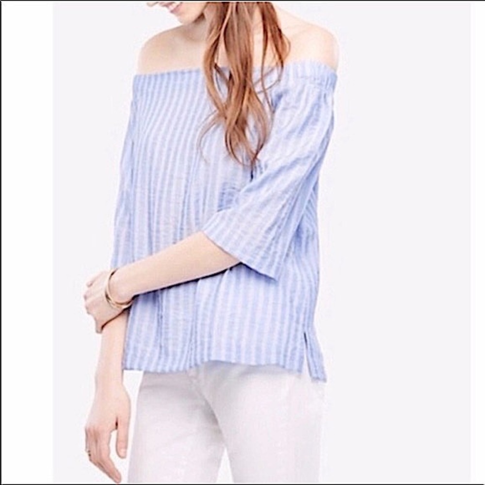 Ann Taylor Off-the-Shoulder Horizontal Blue and White Stripe Casual Top